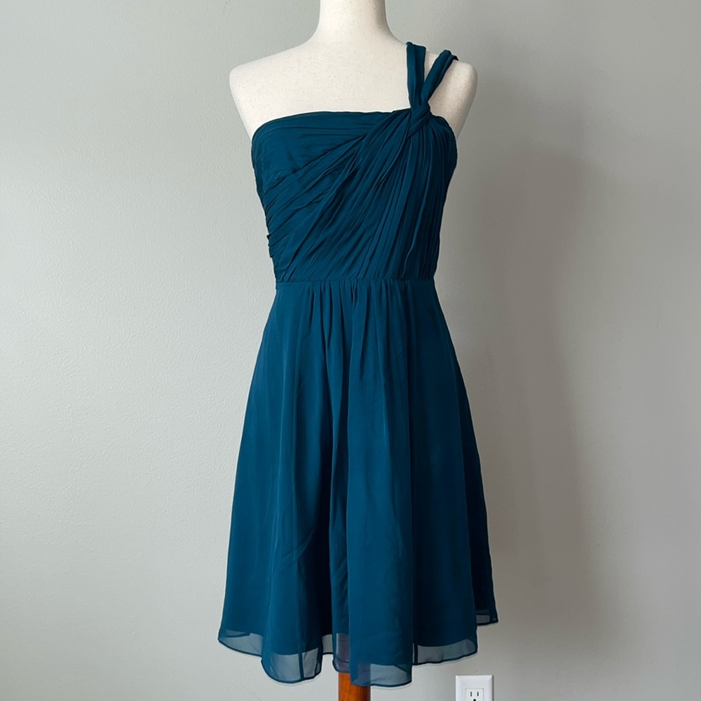 Ann Taylor Women’s 6 Teal Blue‎ Silk Chiffon One Shoulder Cocktail Dress